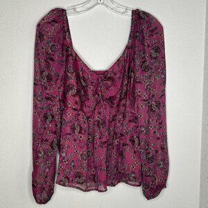 LOFT Blouse Womens 12 Pink Shimmer Stripe Floral Babydoll Fuschia Primrose Top